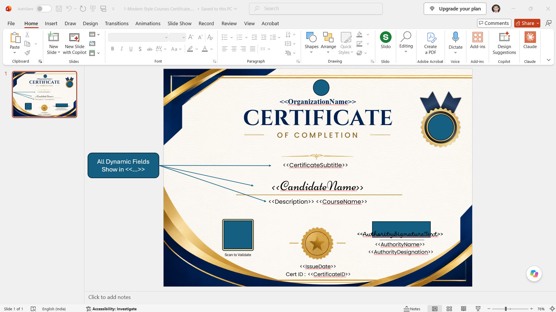 Certificate Maker ribbon showing the dashboard and settings tools